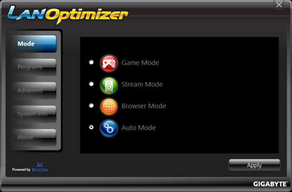 View of GIGABYTE LAN Optimizer