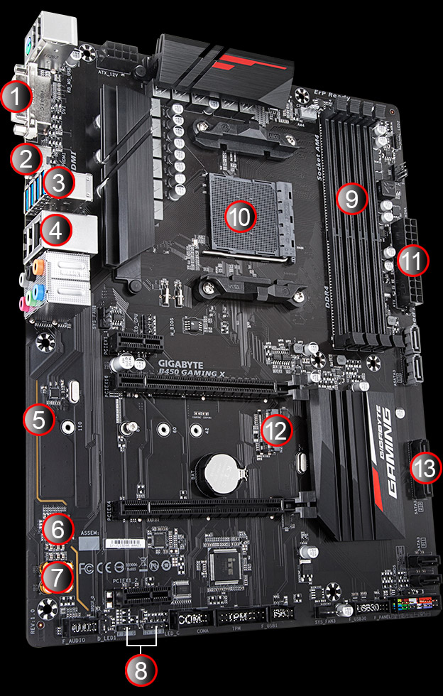 GIGABYTE B450 Gaming X AMD Ryzen AM4/ 1xM.2/Hmdi/DVI/USB 3.1/DDR4/ATX/Motherboard 