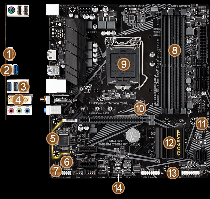 thumbnail image 2 of Gigabyte B460M DS3H V2 LGA 1200 MicroATX Motherboard – Supports 10th/11th Gen Intel, DDR4, M.2 – Open Box 2 of 3